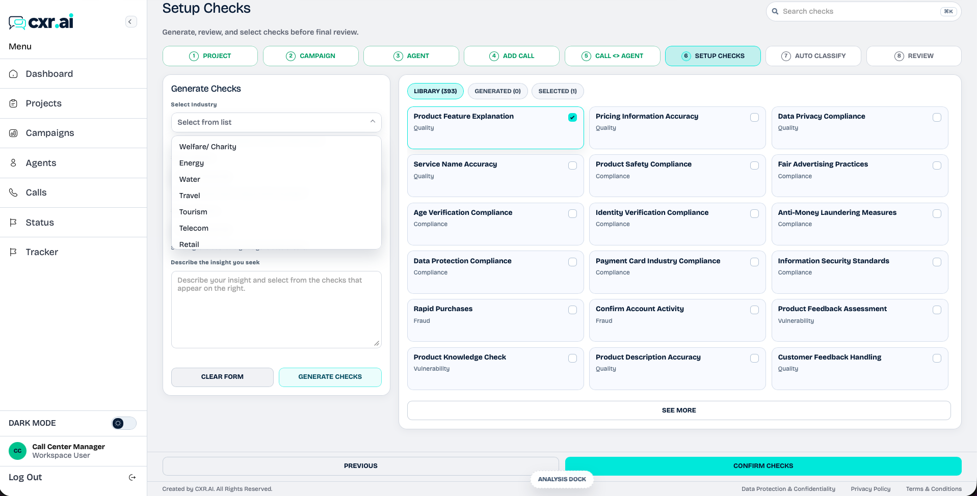 CXR.ai setup checks screen showing AI-generated quality and compliance checks.