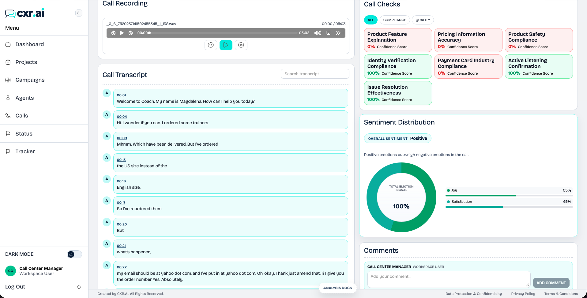 CXR.ai call review screen showing transcript, call checks, sentiment, and comments.