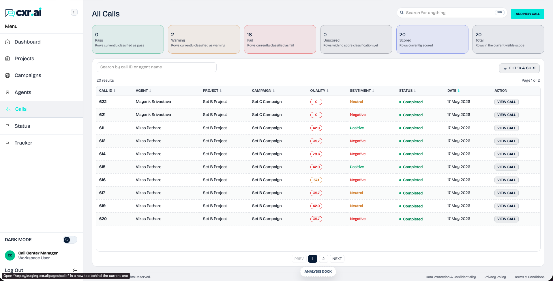CXR.ai call inner view showing AI summary, call checks, transcript, and recording context.