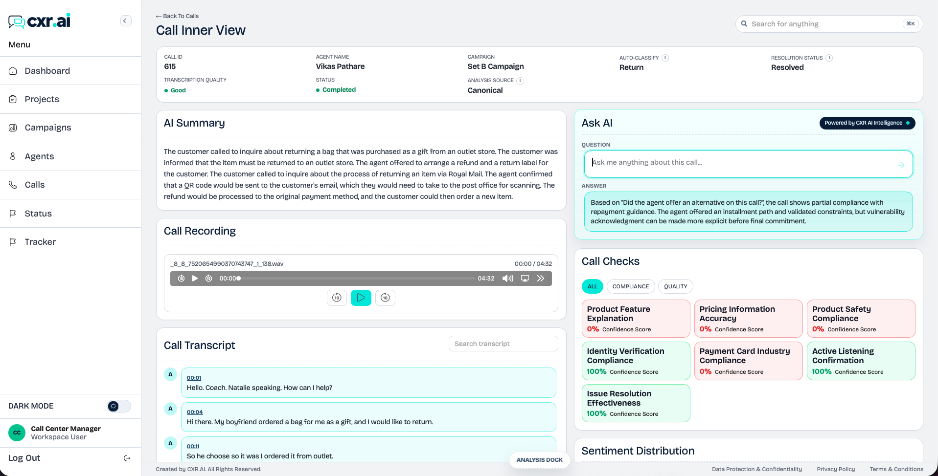 CXR.ai all calls view showing pass, warning, fail, scored, and total call cohorts.