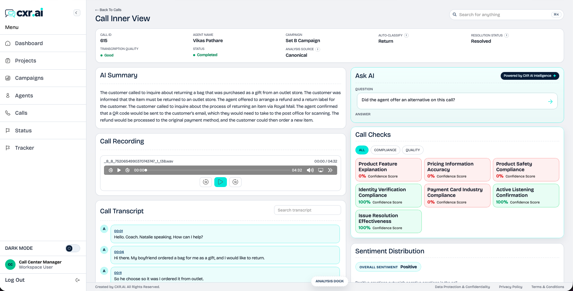 CXR.ai call inner view showing Ask AI, call checks, and sentiment distribution signals.
