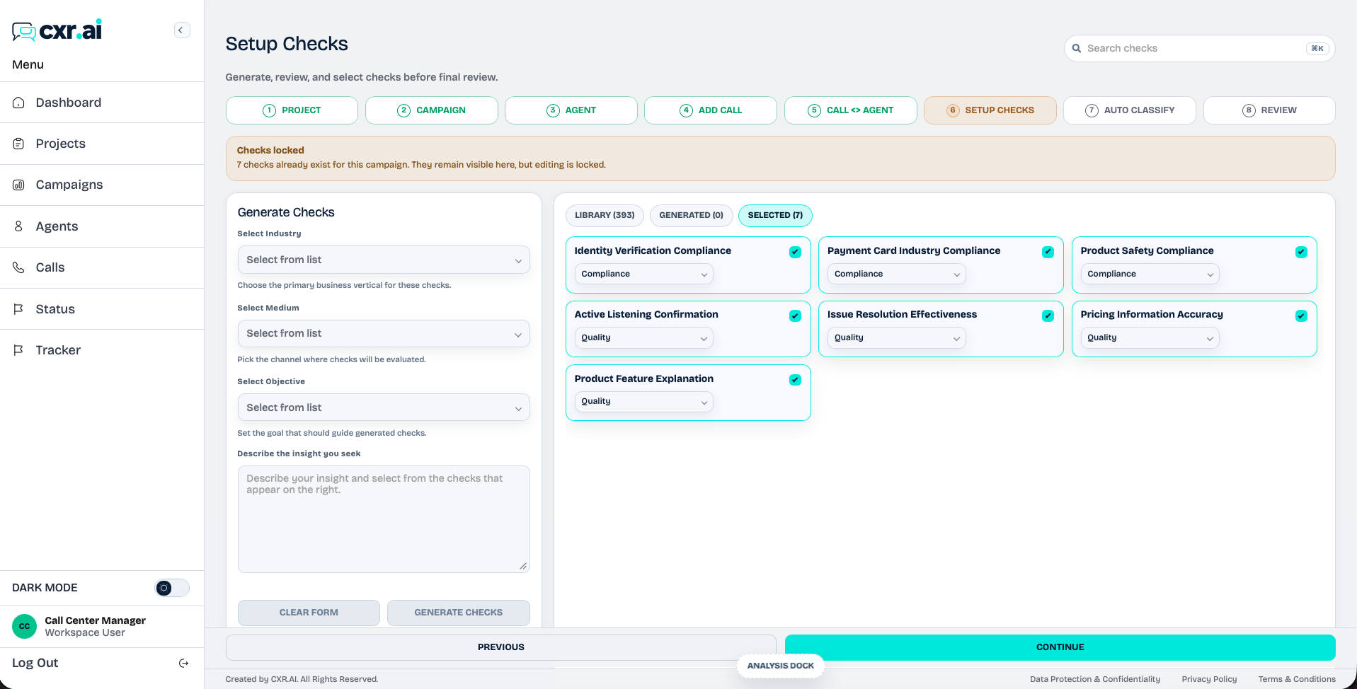 CXR.ai setup checks screen showing selected quality and compliance checks.